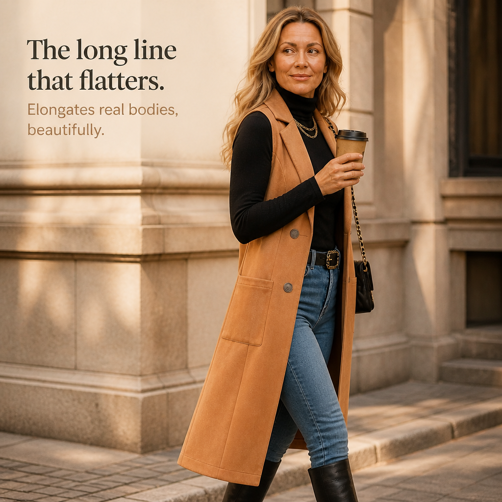 Veluna – Long Double-Breasted Suede-Look Vest
