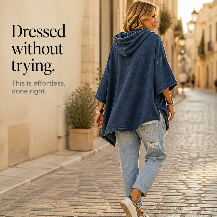 Wearlow – Oversized Washed Denim Look Hooded Poncho