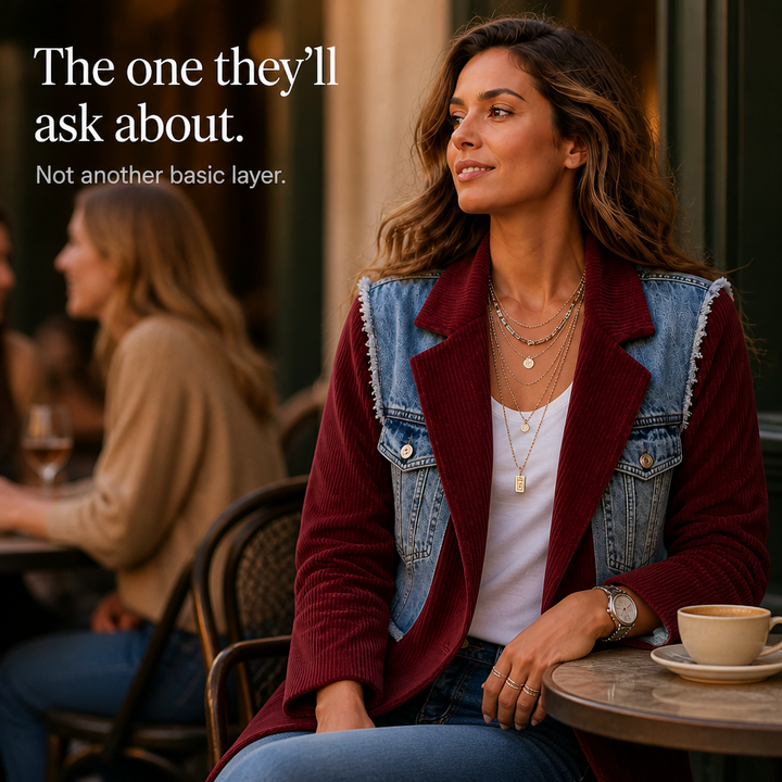 Corvella – Denim-Overlay Corduroy Raw-Hem Blazer