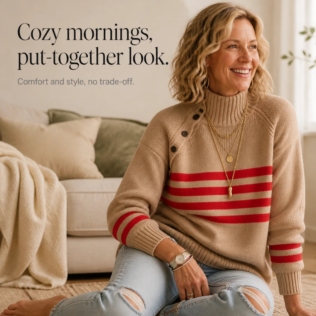 Cozyline – Striped High-Neck Button-Shoulder Knit Pullover
