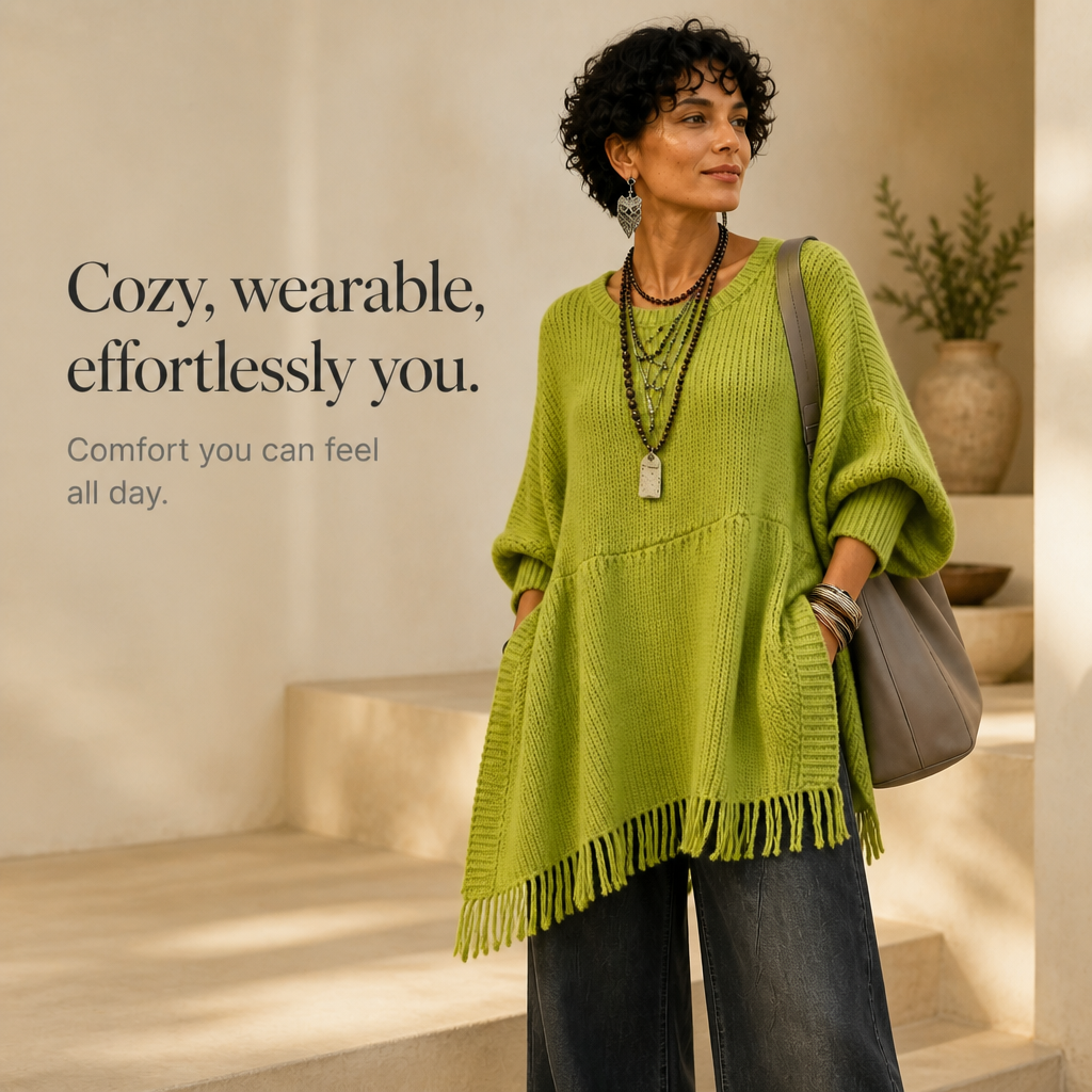 Limehaven – Textured Fringe Batwing Knit Poncho
