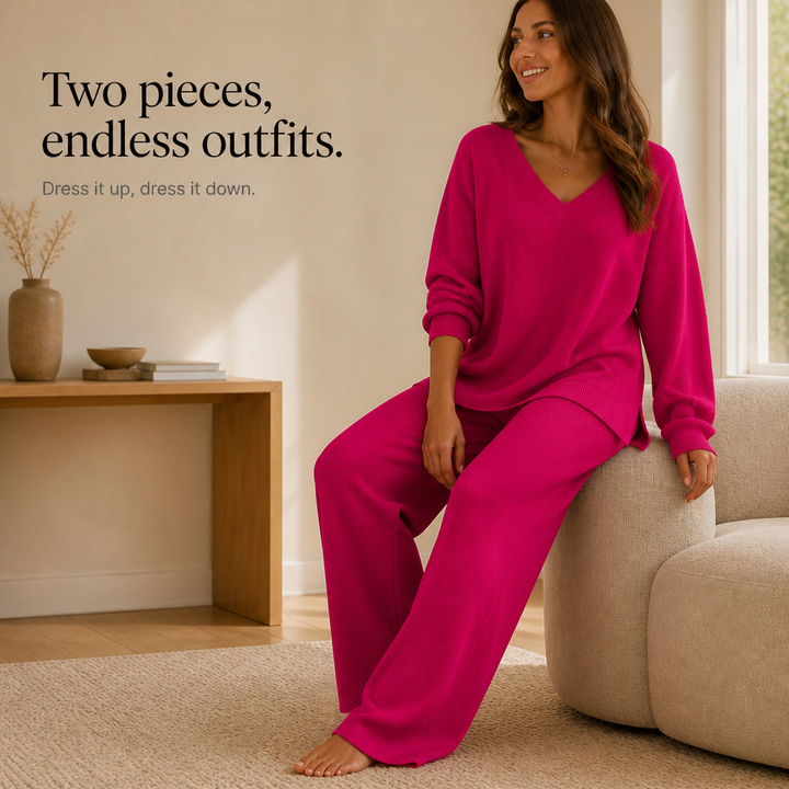 Vellora – V-Neck Knit Sweater And Wide-Leg Trouser Set