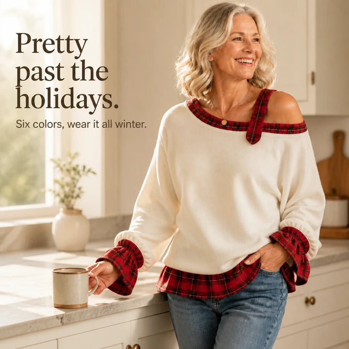 Plaidella – Plaid Ruffle Off-Shoulder Sweatshirt