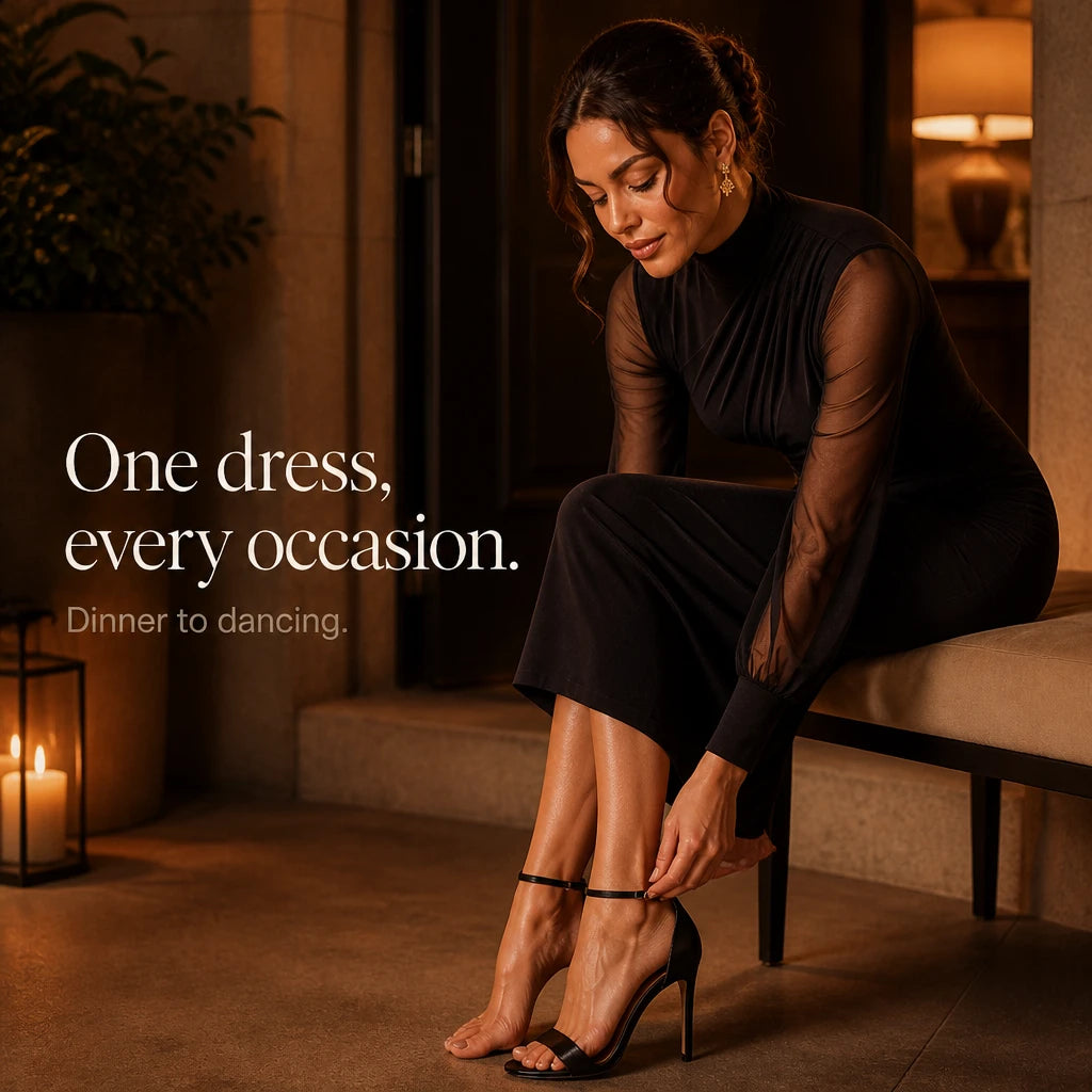 Veloura – Mock Neck Sheer-Sleeve Bodycon Midi Dress