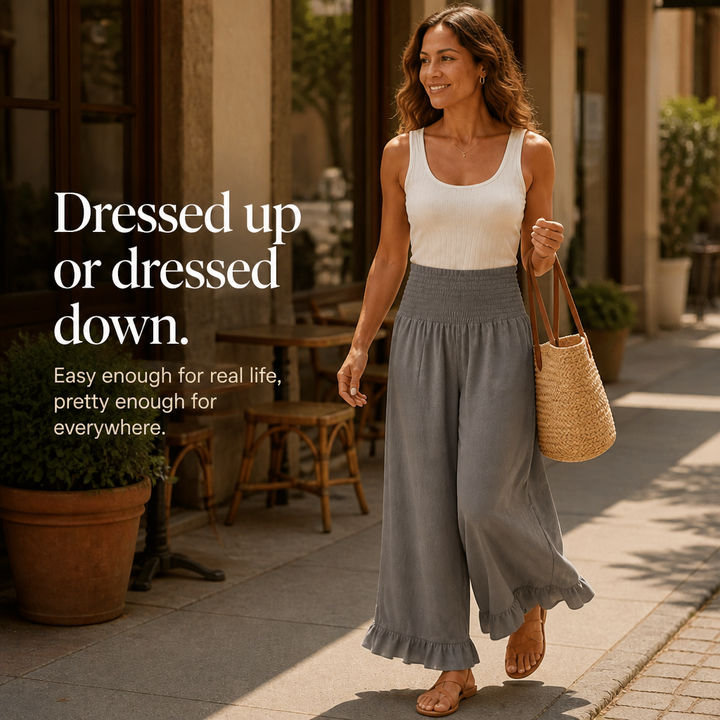 Linora – Cotton-Linen Smocked High-Waist Palazzo Pants