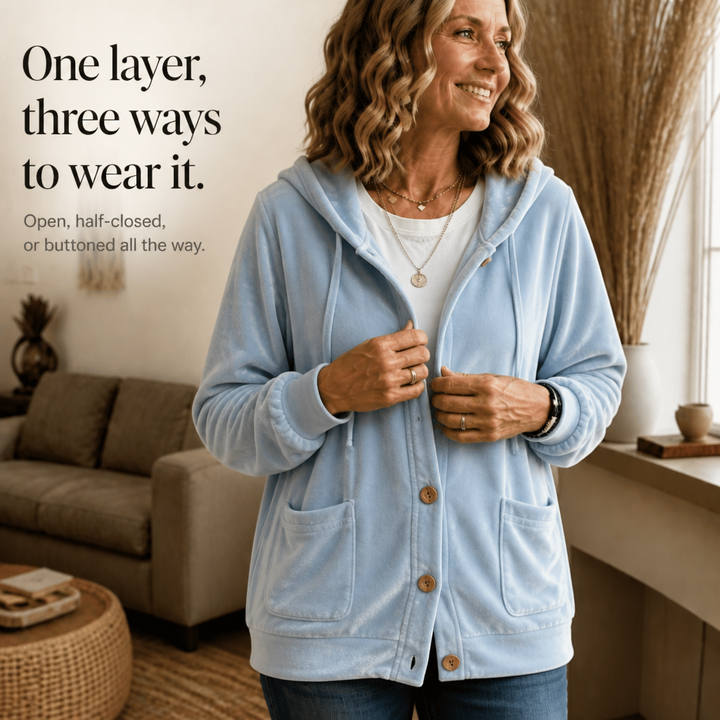 Coziva – Hooded Button-Front Velour Cardigan