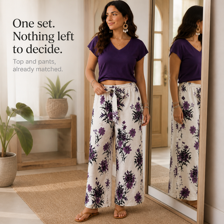Twovelle – V-Neck Tie-Waist Wide-Leg Two-Piece Set