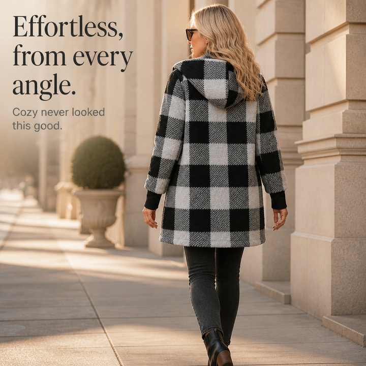 Plaidelle – Oversized Plaid Hooded Fleece Cardigan