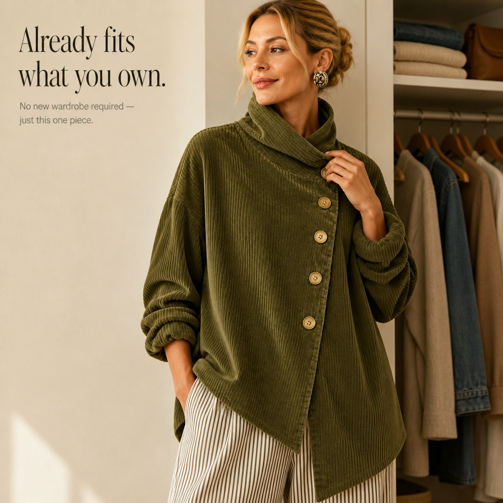 Foldover – Asymmetric Placket Funnel Neck Corduroy Top