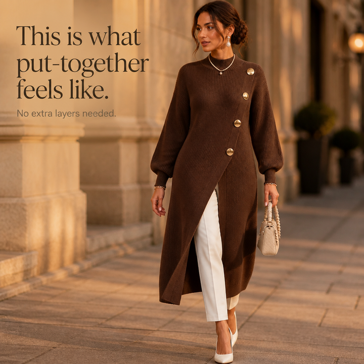 Wearbella – Gold-Tone Button Asymmetric Ribbed Knit Tunic