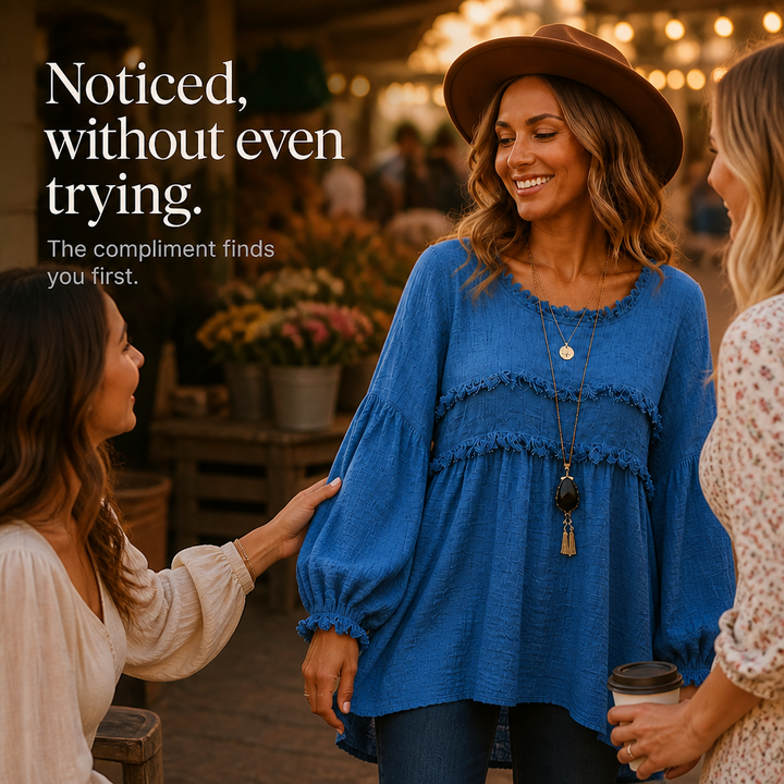 Wovella – Fringe-Trim Pleated-Sleeve Boho Blouse