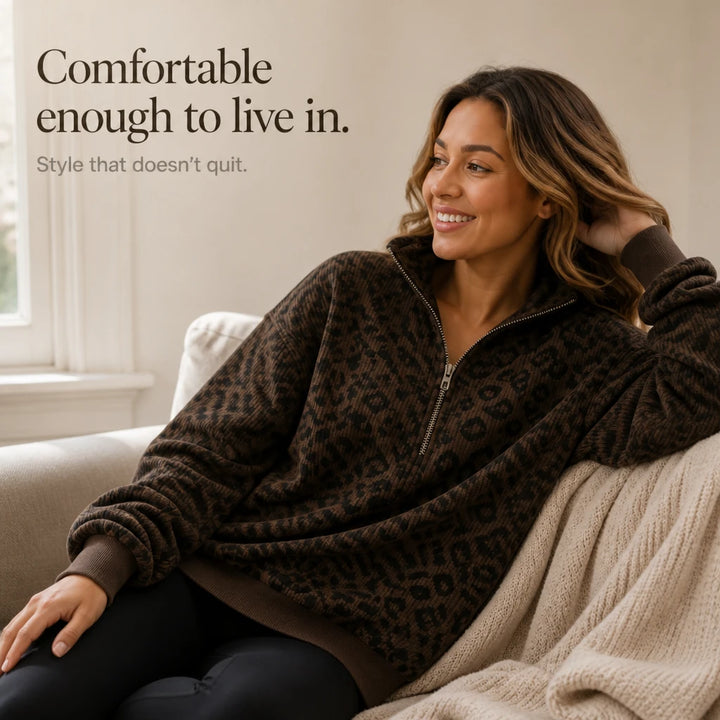 Roamprint – Leopard Print Oversized Quarter-Zip Sweatshirt