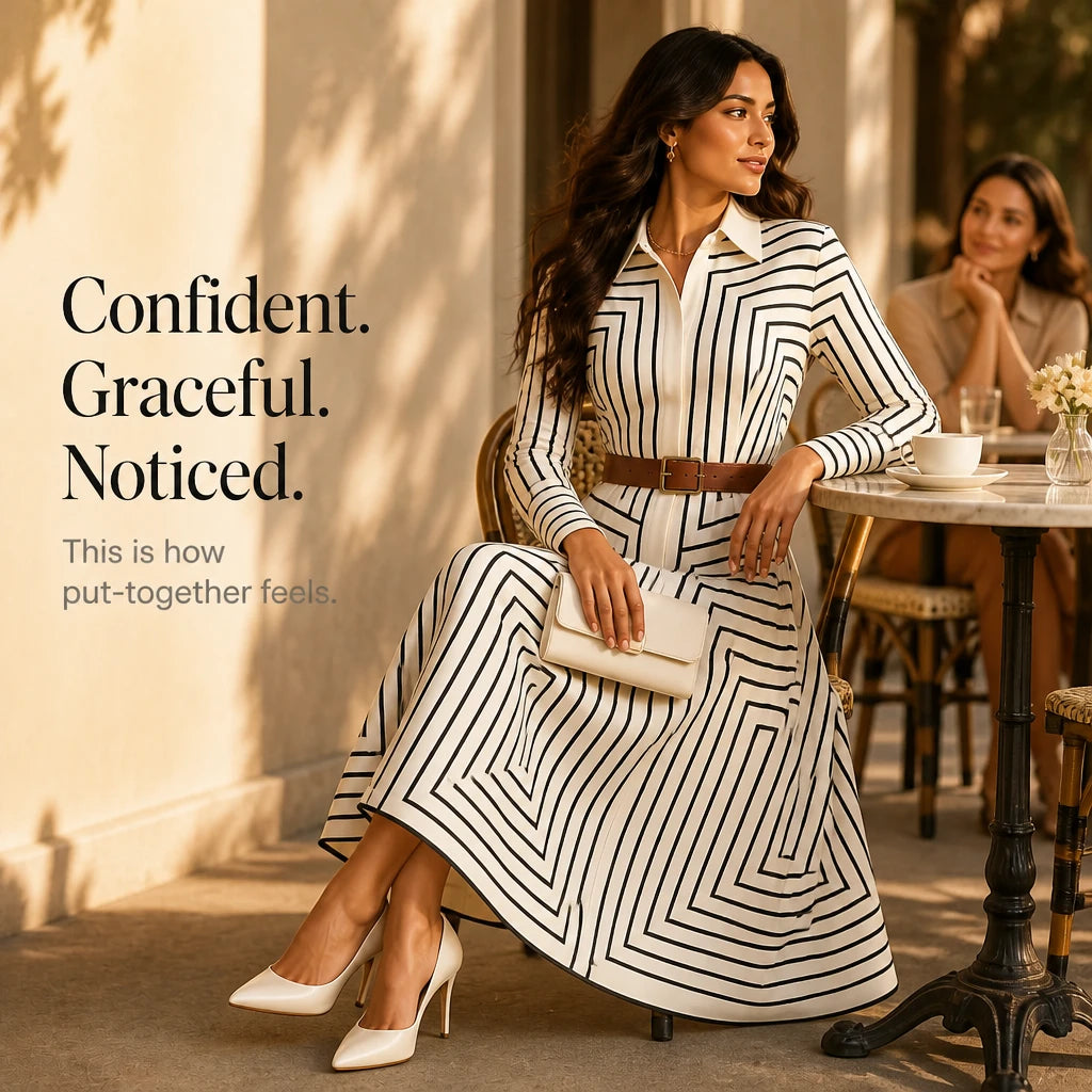 Linea Midi – Geometric Print Belted Shirt Dress
