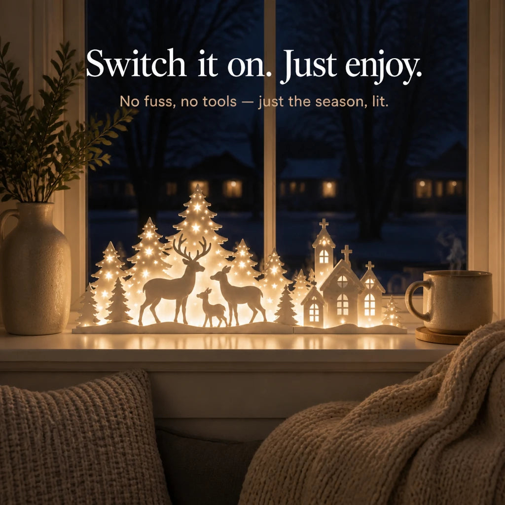 Deerwood Glow – LED Christmas Window Village With Deer