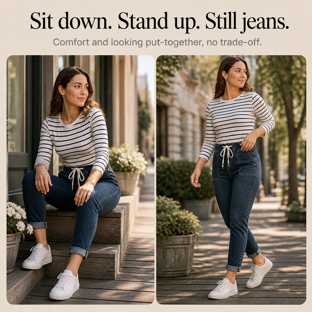 Wearbella – Drawstring Elastic-Waist Stretch Tapered Jeans
