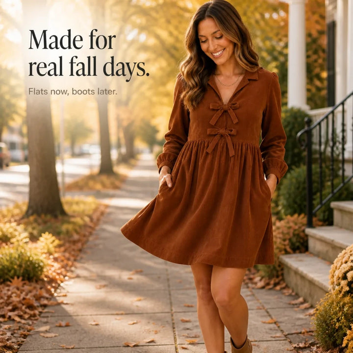 Cordelia – Bow-Front Corduroy-Look Babydoll Dress