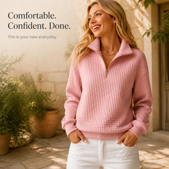 Quilted Ease – Quilted Half-Zip Knit Pullover