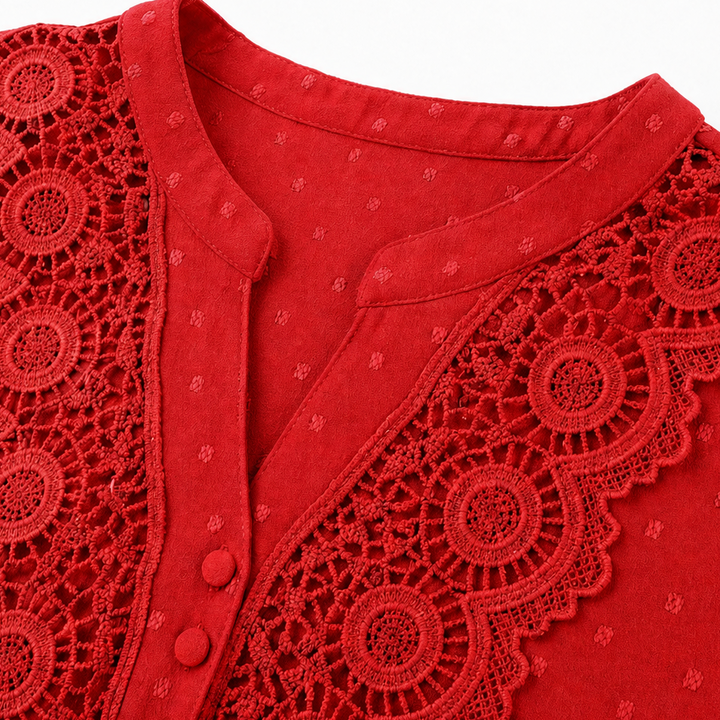 Vellora – V-Neck Lace Lantern-Sleeve A-Line Dress