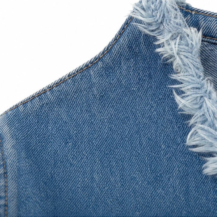 Slantelle – Asymmetrical Buttoned Raw-Edge Denim Blouse