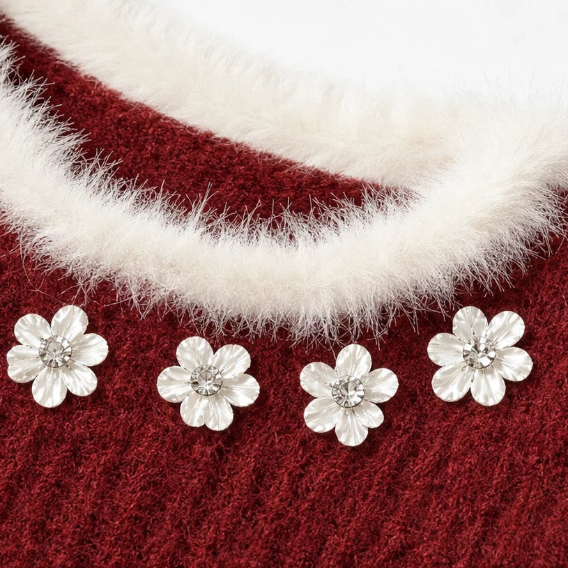 Hollytrim – Bow Floral Plush-Trim Christmas Sweater