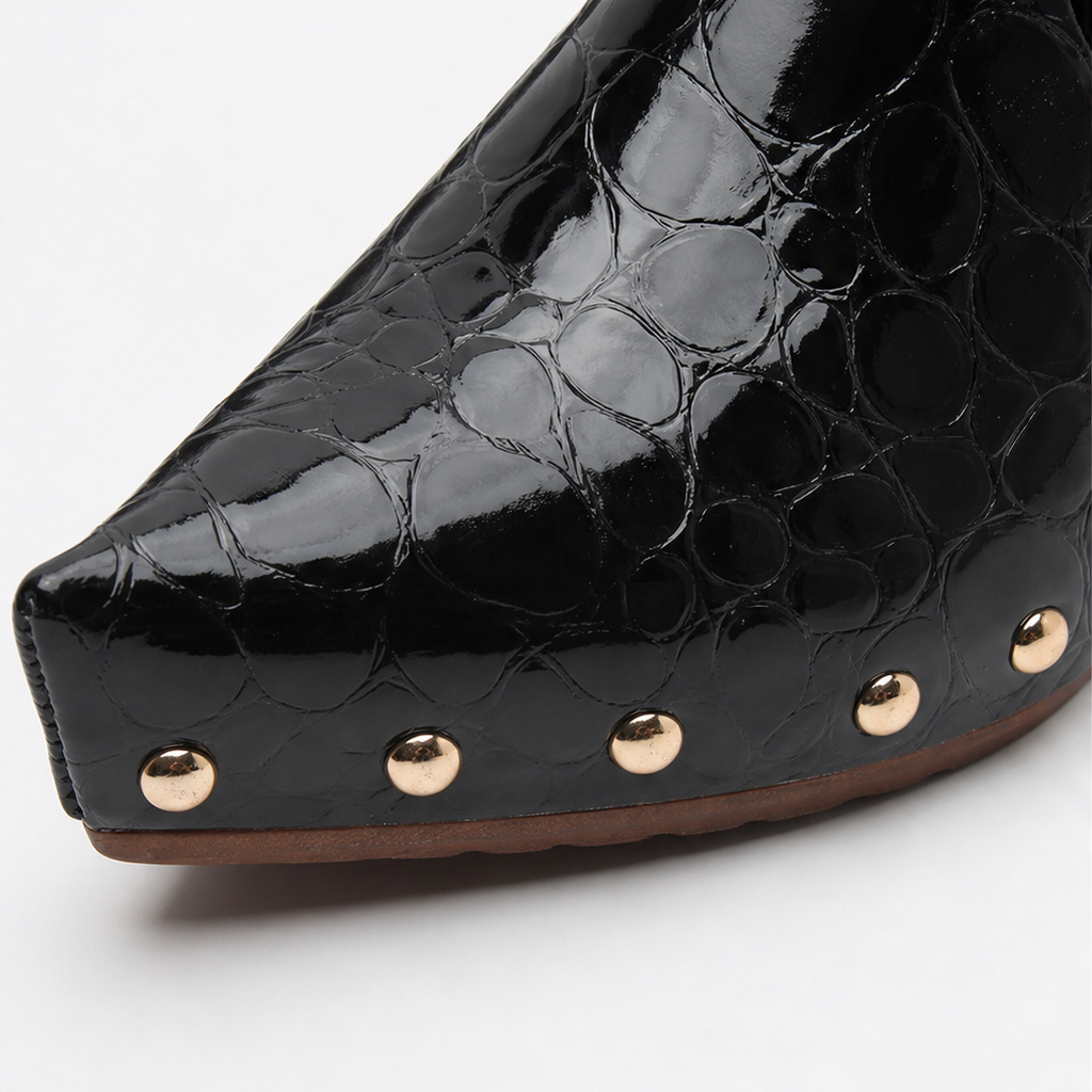 Ines Croc – Gold Dome Trim Croc-Embossed Clog Mules