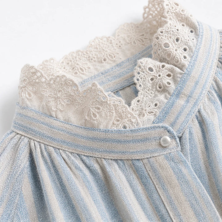 Lacey Lane – Striped Lace-Trim Linen-Blend Shirt