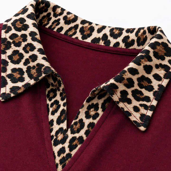 Wearlynn – Leopard-Trim Long Sleeve Tunic Top