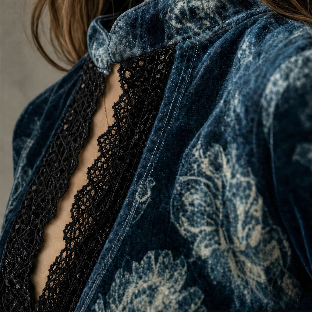 Velvette – Floral Velvet-Look Lace-Trim Bell-Sleeve Blouse