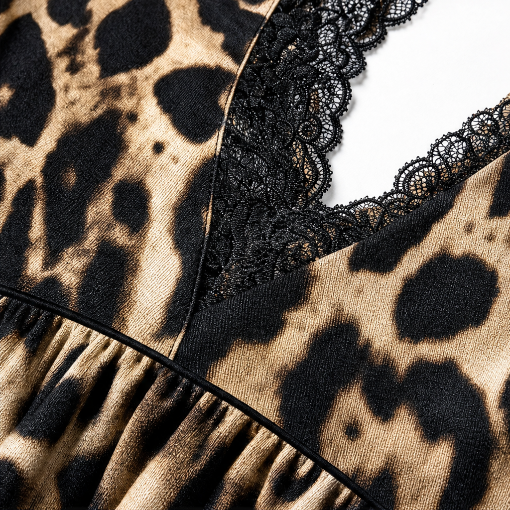Veloura – Lace V-Neck Ruched Leopard Midi Dress