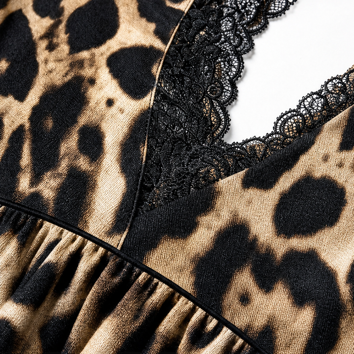 Veloura – Lace V-Neck Ruched Leopard Midi Dress