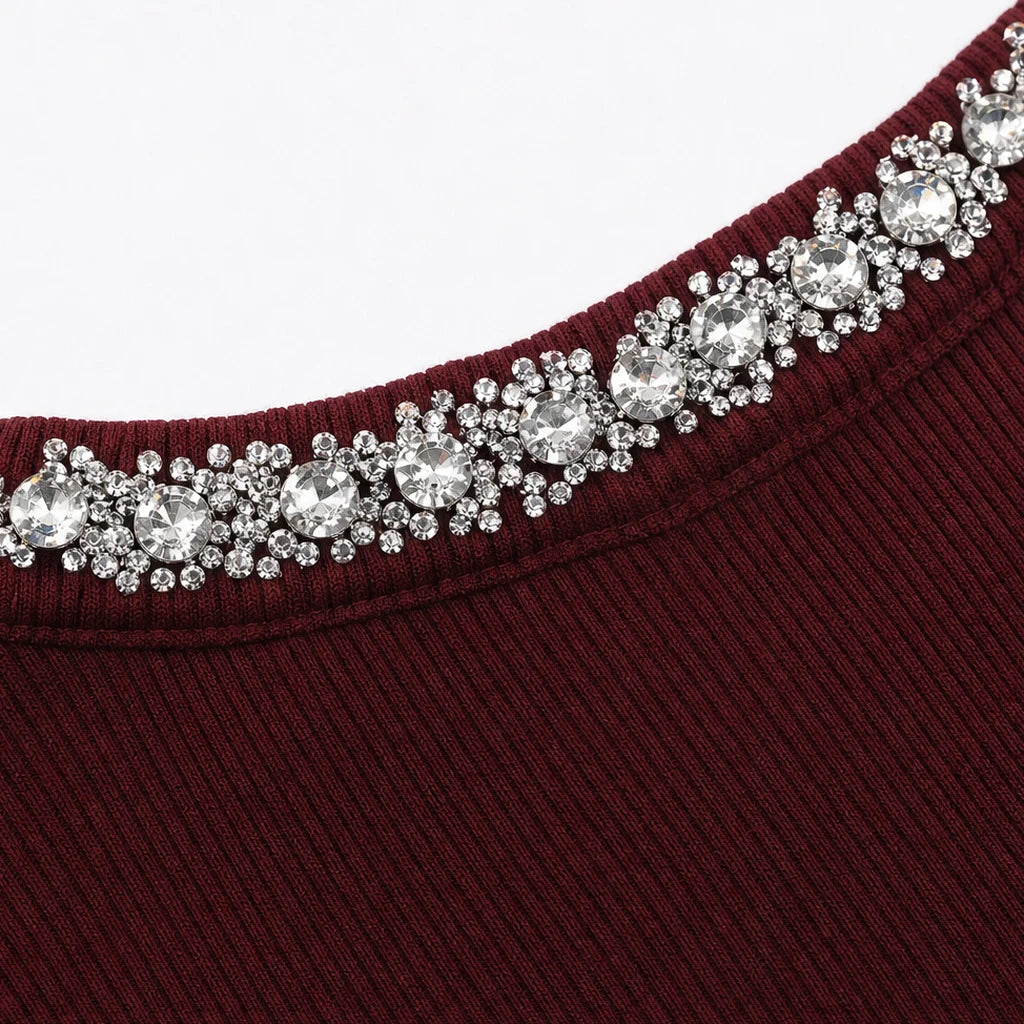 Stela – Rhinestone Teardrop Cutout Ribbed Top