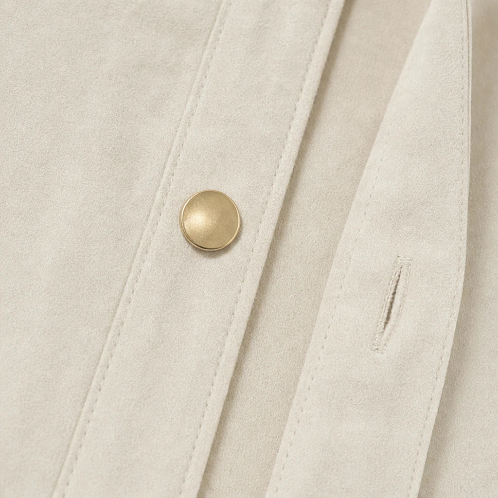Veloura – Gold-Button Suede-Look Stretch Blouse