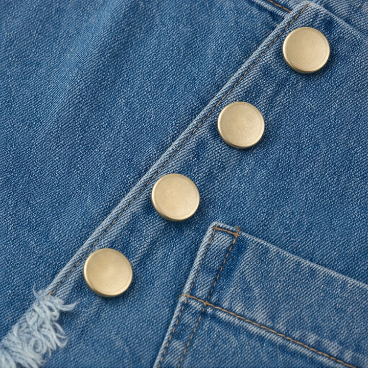 Slantelle – Asymmetrical Buttoned Raw-Edge Denim Blouse