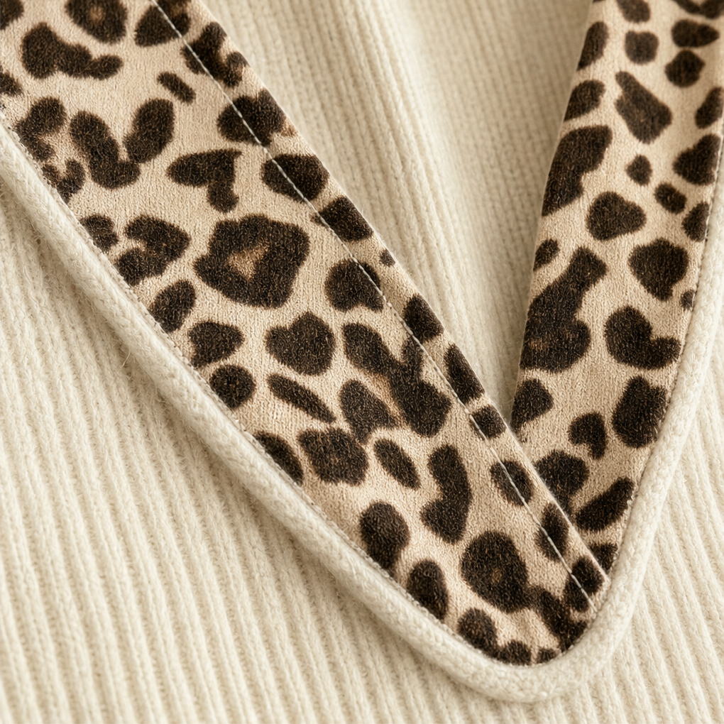 Vellora – Leopard-Trim Ribbed Balloon-Sleeve Mini Dress
