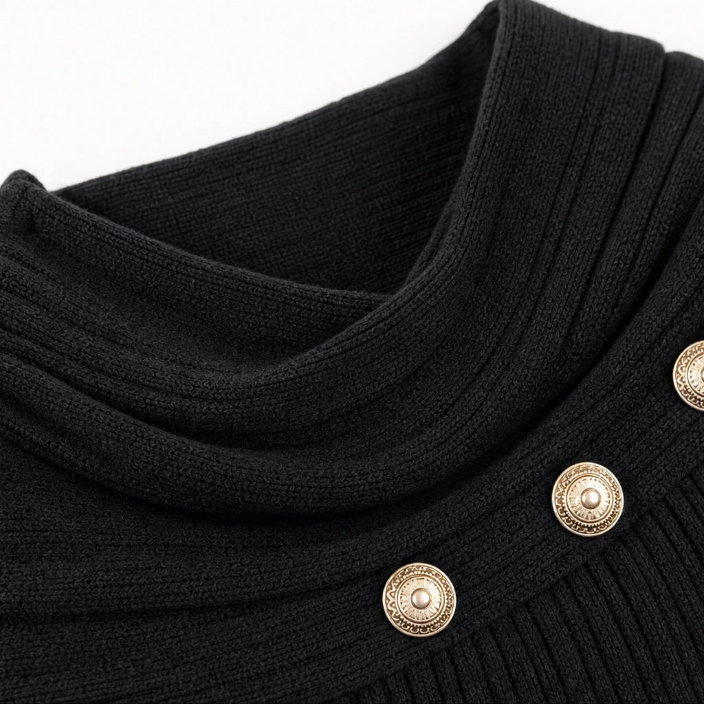 Cowlora – Draped Cowl-Neck Ribbed Button Sweater
