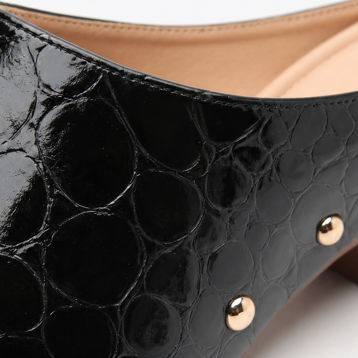 Ines Croc – Gold Dome Trim Croc-Embossed Clog Mules
