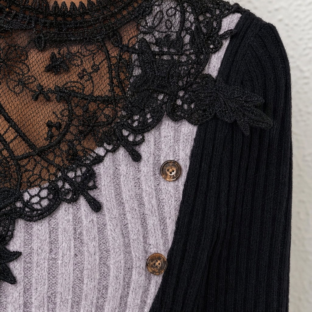 Verlyne – Asymmetric Lace-Trim Color-Block Ribbed Top