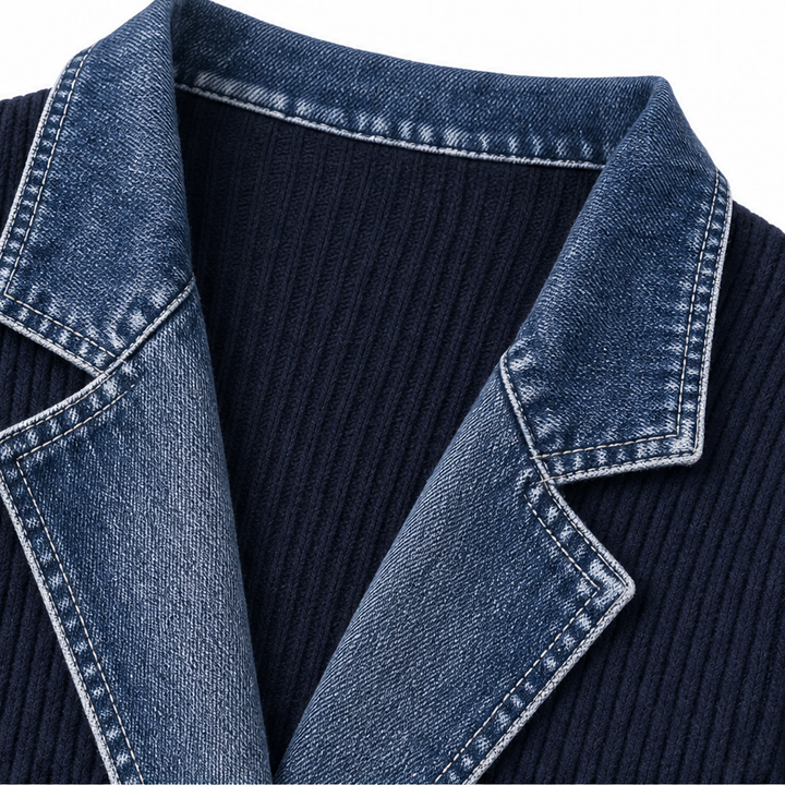 Wearbella – Spliced Denim Ribbed-Knit Longline Jacket