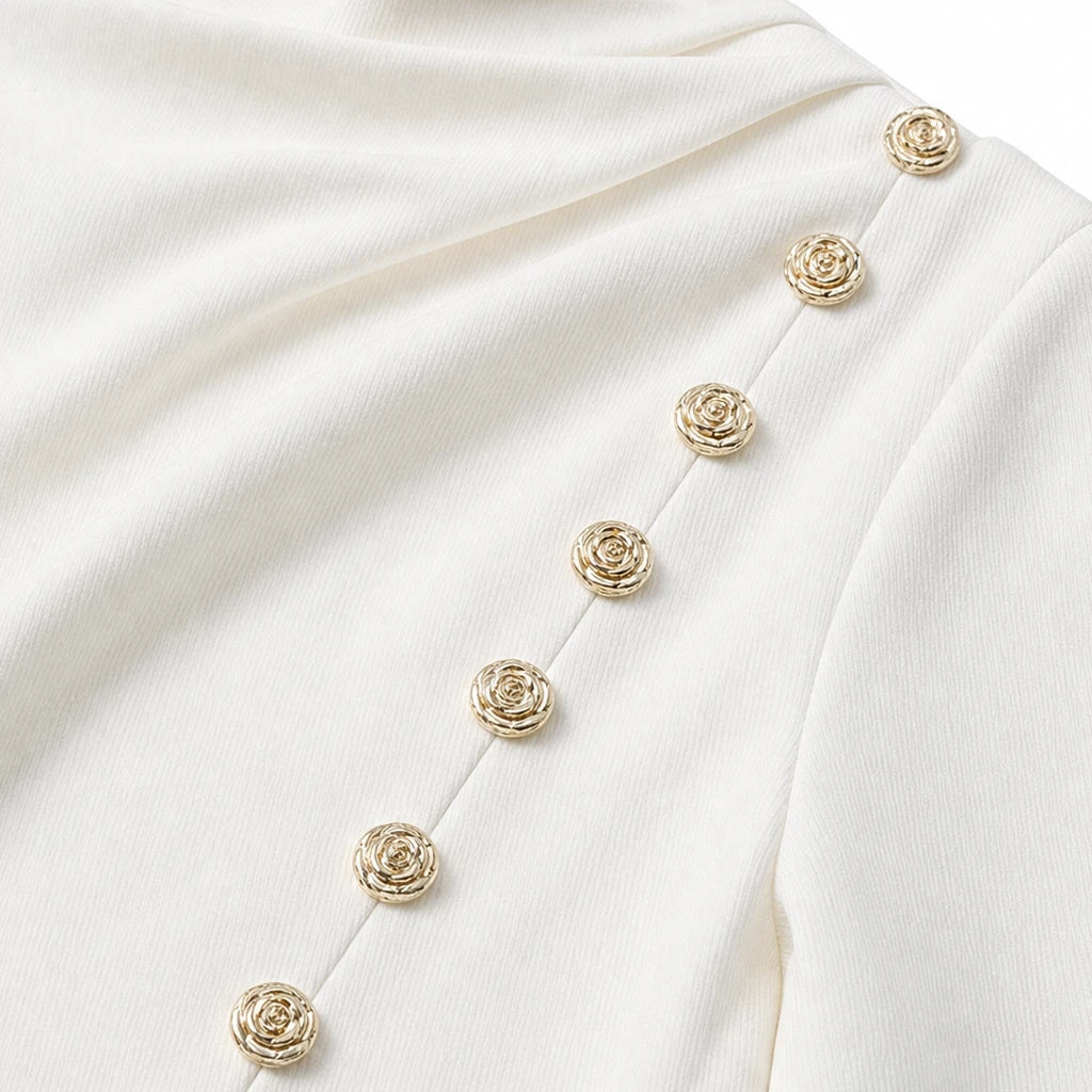 Drapella – Draped Mock-Neck Gold-Button Mini Dress