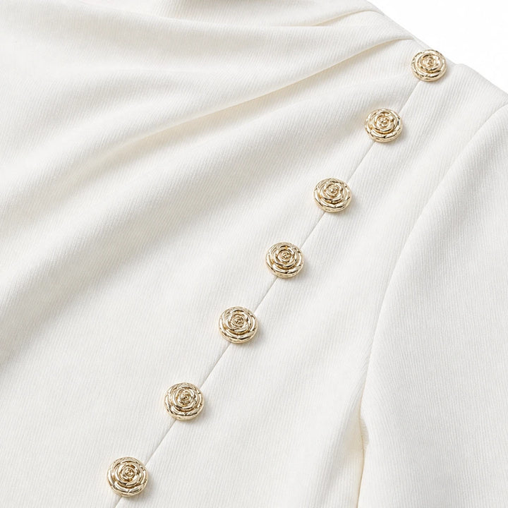 Drapella – Draped Mock-Neck Gold-Button Mini Dress