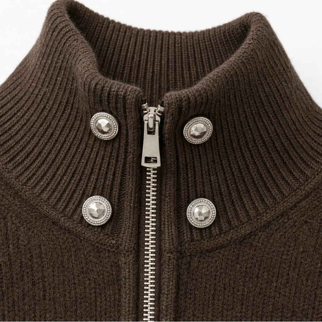 Plot Twist – Double-Button High-Neck Knit Cardigan