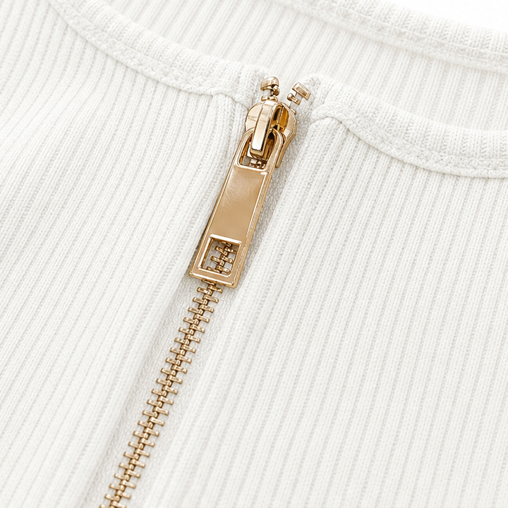 Zipelle – Ribbed Half-Zip Notched Collar Knit Top