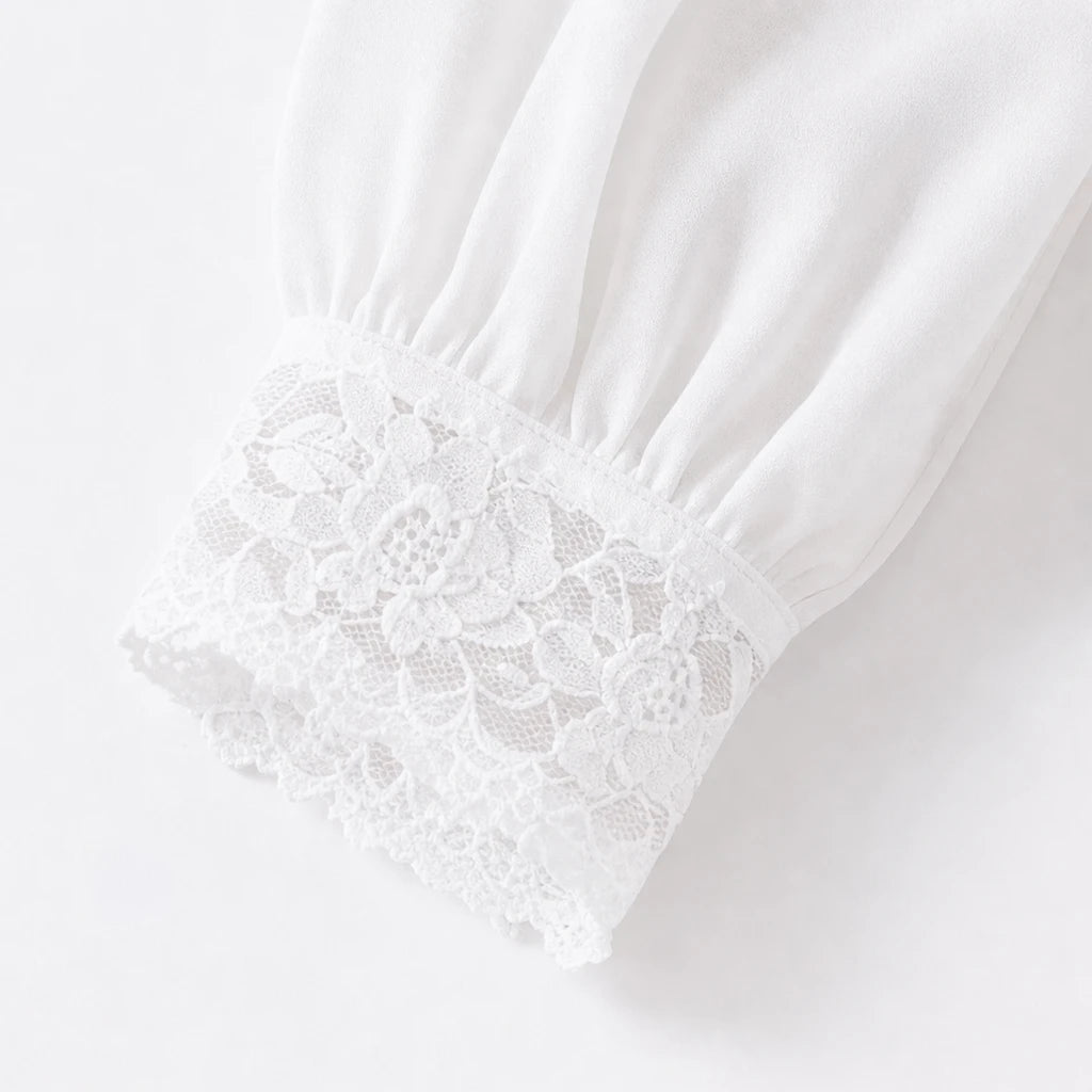 Lacevera – Lace-Trimmed V-Neck Chiffon Blouse