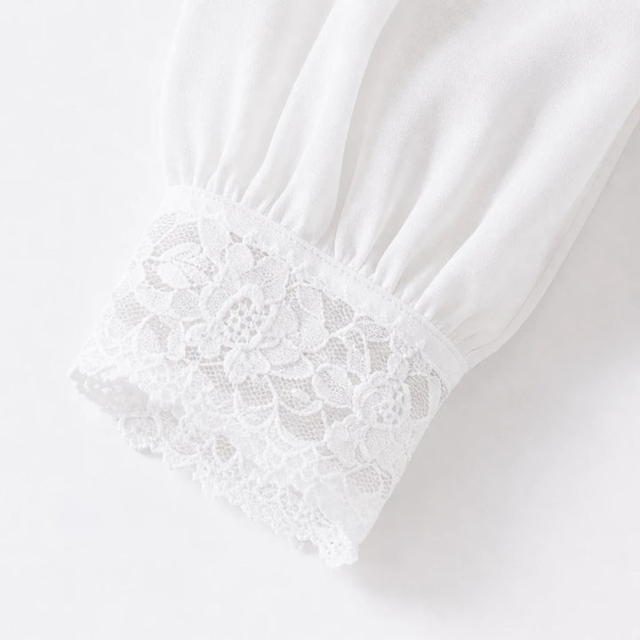 Lacevera – Lace-Trimmed V-Neck Chiffon Blouse