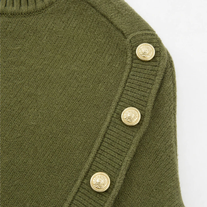 Buttonelle – Gold-Tone Button Shoulder Knit Sweater
