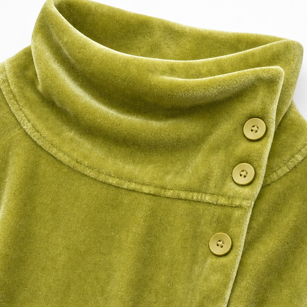 Velvara – Asymmetric Button Velvet Turtleneck Top