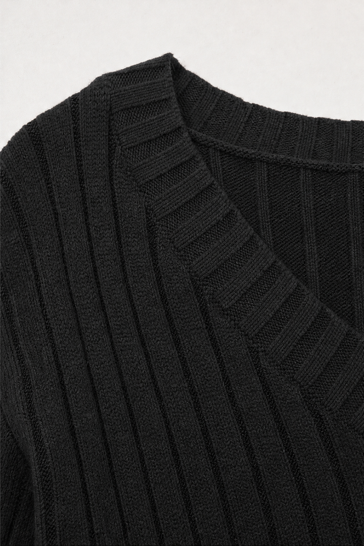 Mavenly – Ribbed V-Neck Button-Cuff Sweater