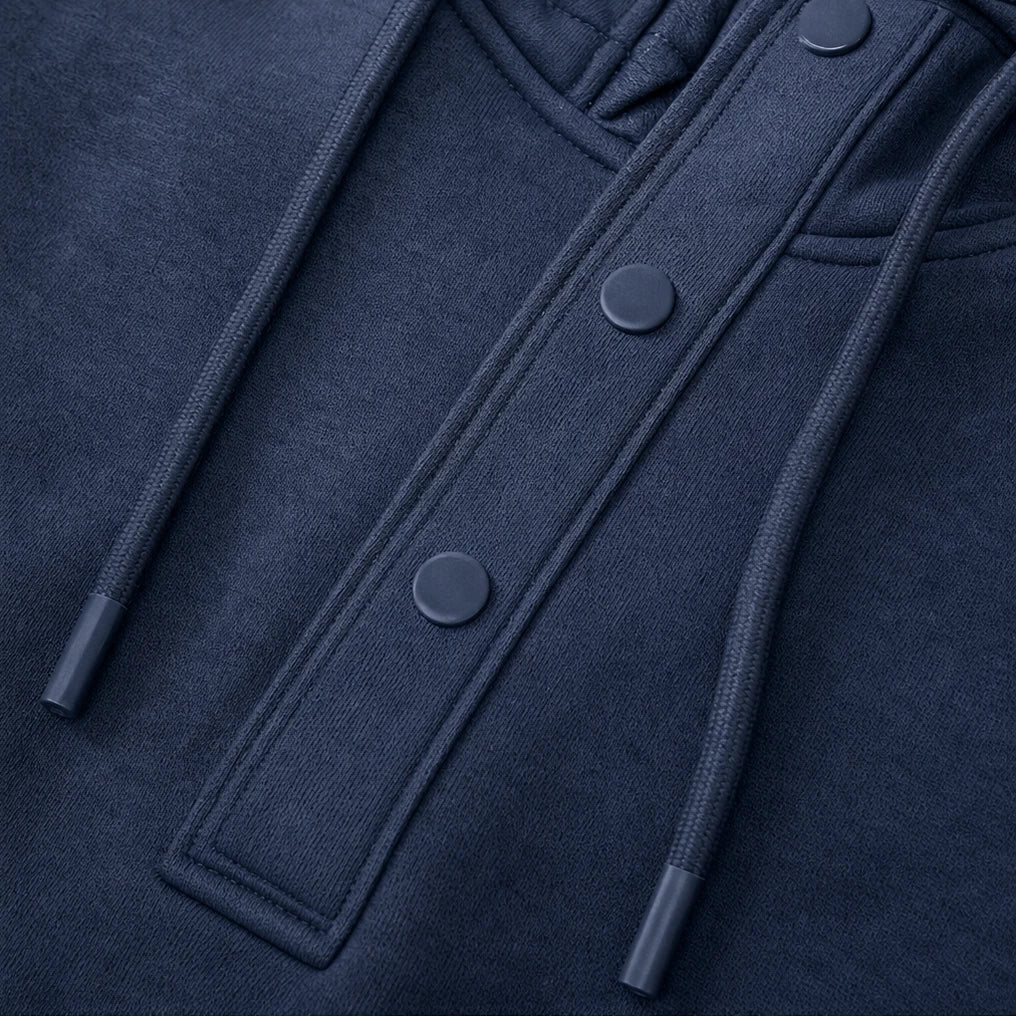 Placket & Poise – Three-Button Hooded Sweatshirt