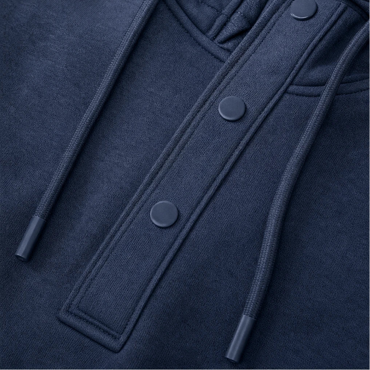 Placket & Poise – Three-Button Hooded Sweatshirt