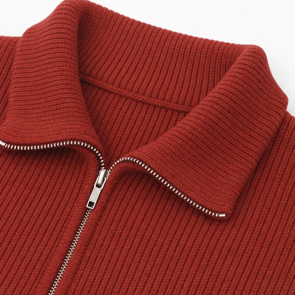 Ribbella – Ribbed Knit Full-Zip Collared Cardigan